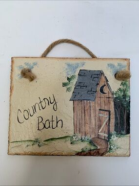 Collectibles Handmade & Painted Country Bath Rustic Hanging Sign.Pre-Owned.8x6.5